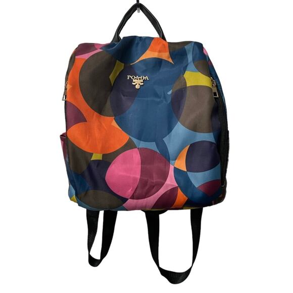 Poaba Multicolor Geometric Womens Backpack Pink Orange Yellow Blue Black - Picture 1 of 12